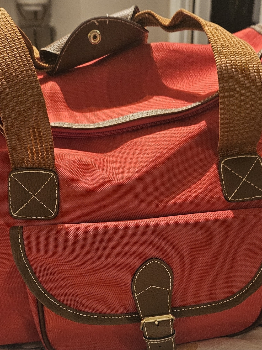 Men's Red Canvas Weekender Bag with Brown Trim